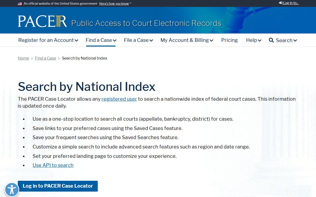 Federal PACER case locator used to check a specific federal record
