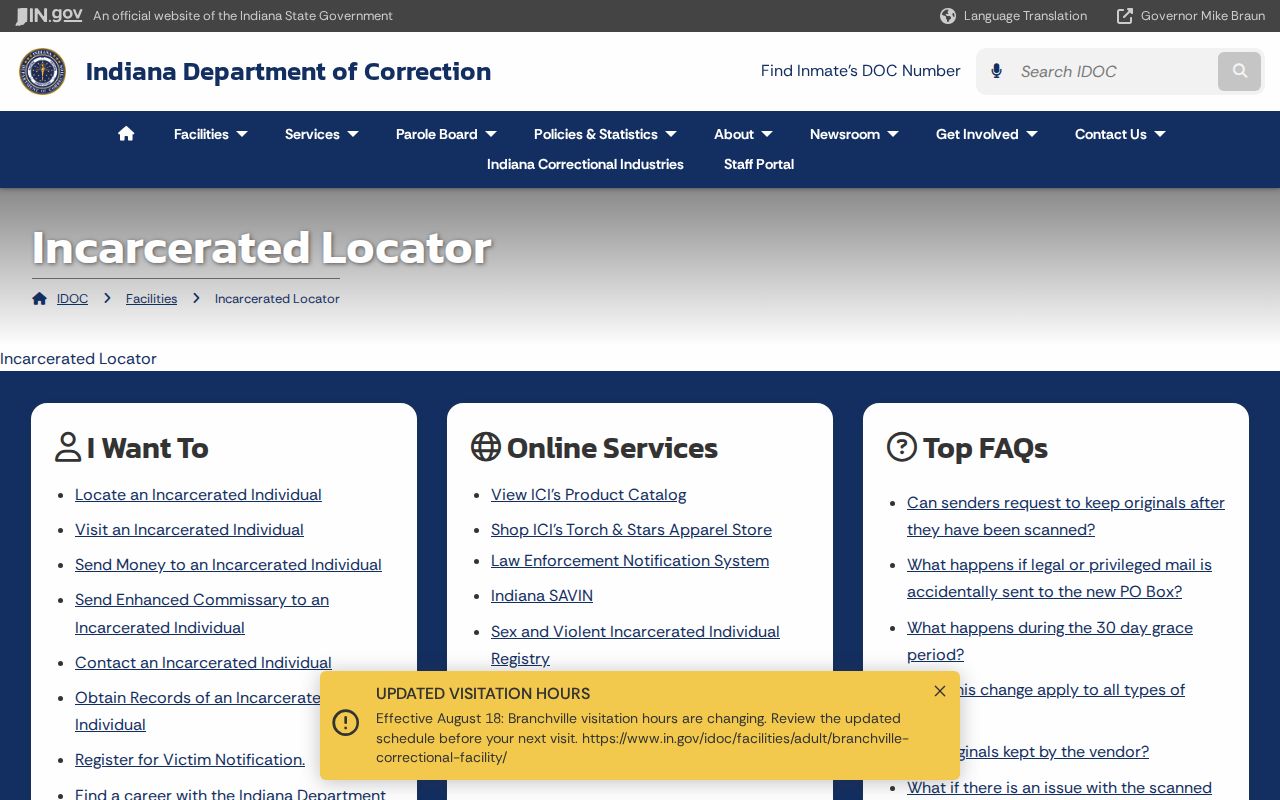 Indiana Department of Correction offender locator access page