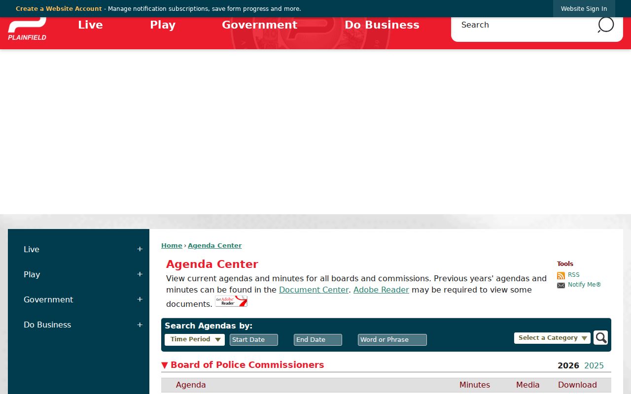 Plainfield Agenda Center search for municipal history