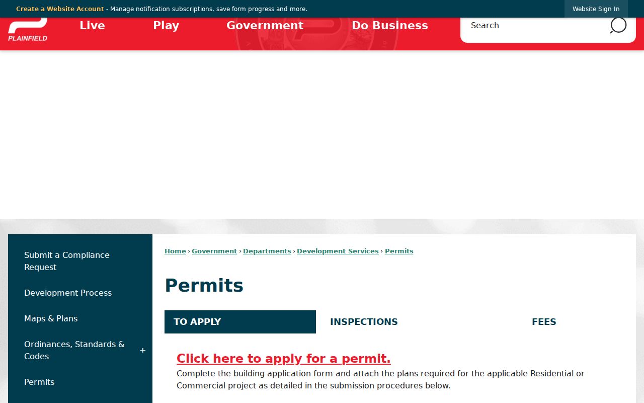 Plainfield permits page showing municipal record categories