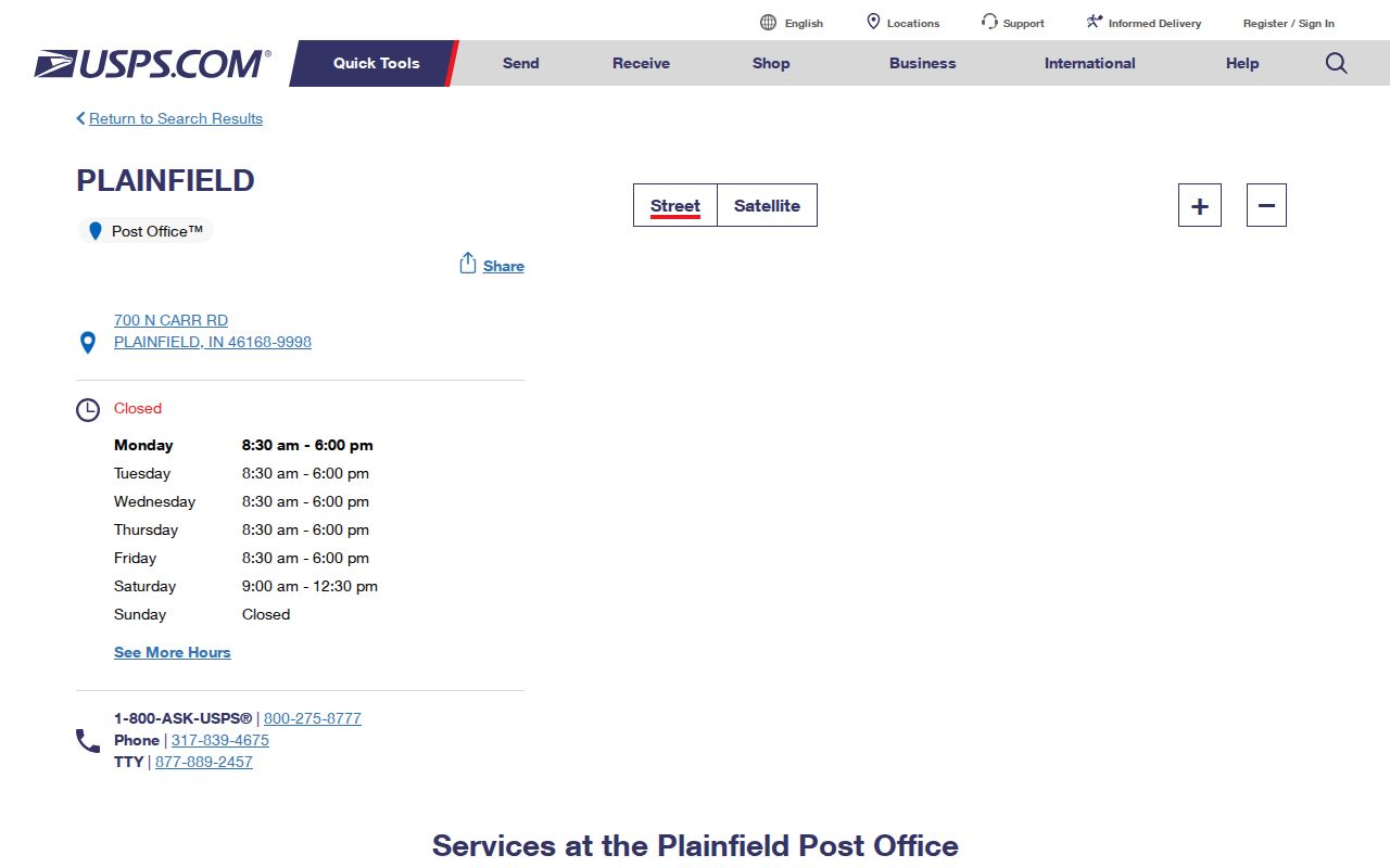 Plainfield ZIP code directory view of the local USPS station page